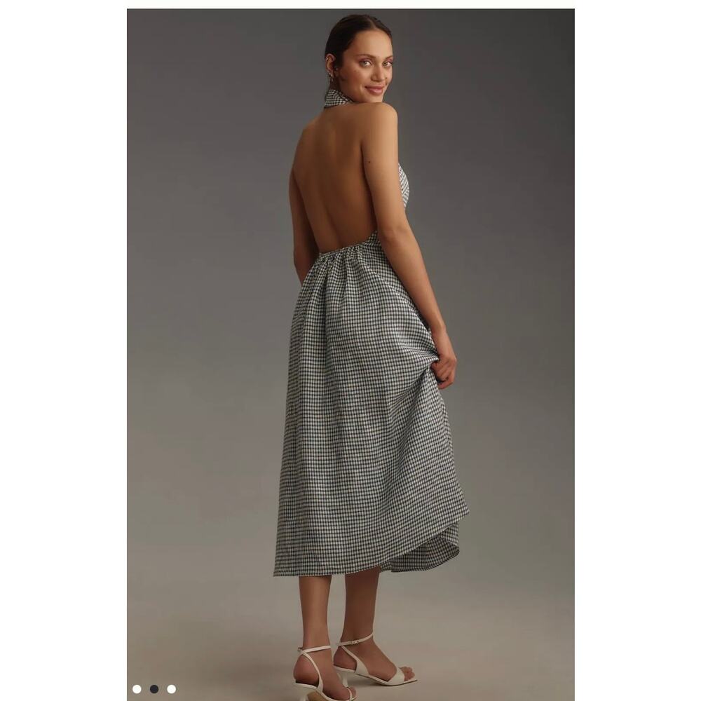 REFORMATION Tace Gingham Linen Halter Midi Dress - Size 6 - Picture 2 of 8